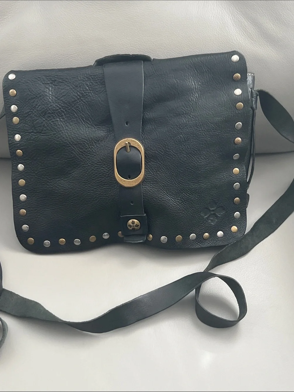 Patricia Nash Black Leather Studded Messenger Bag with Gold and Silver Hardware